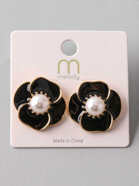 FASHION BLACK & GOLD PEARL FLOWER EARRINGS
