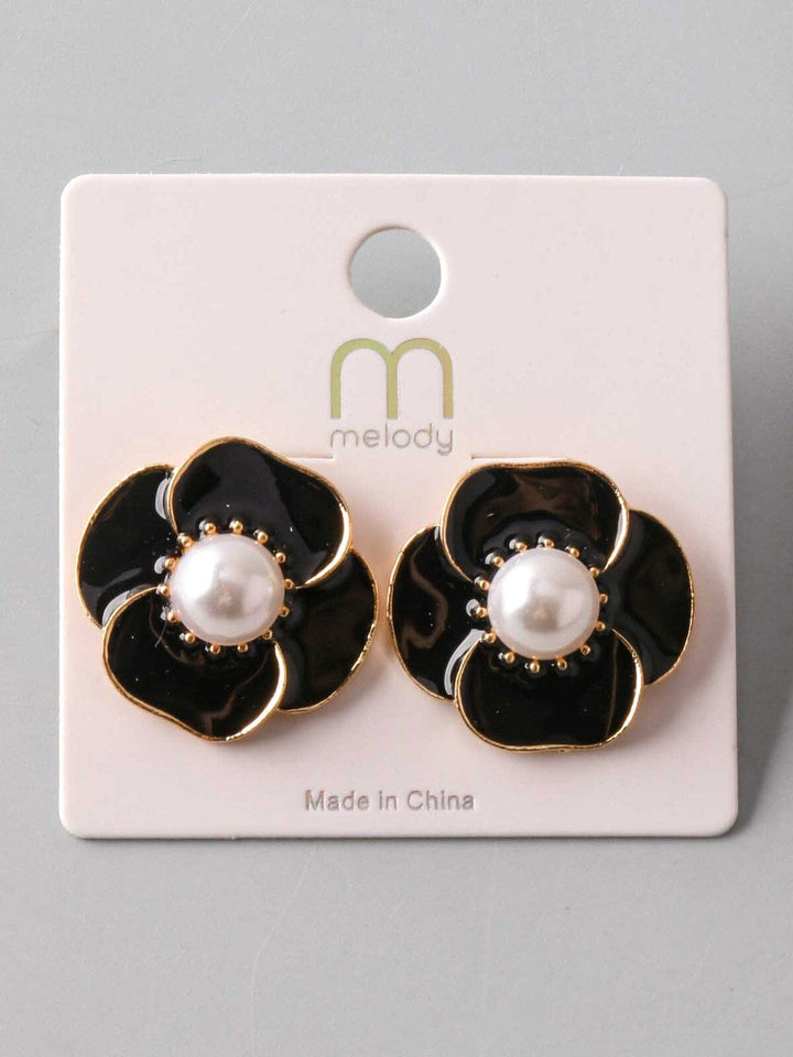 FASHION BLACK & GOLD PEARL FLOWER EARRINGS