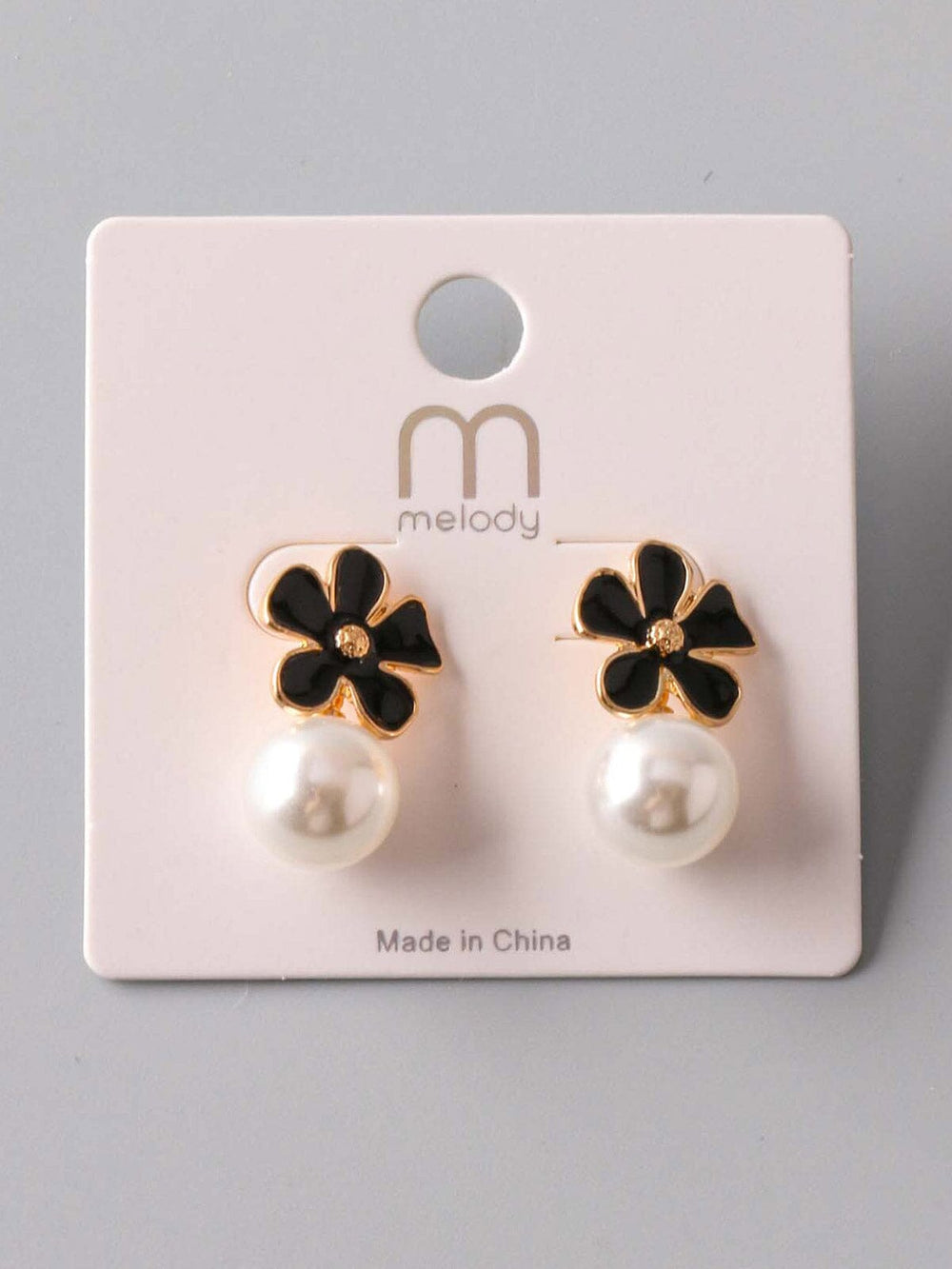 FASHION BLACK & GOLD PEARL FLOWER HANGING EARRINGS