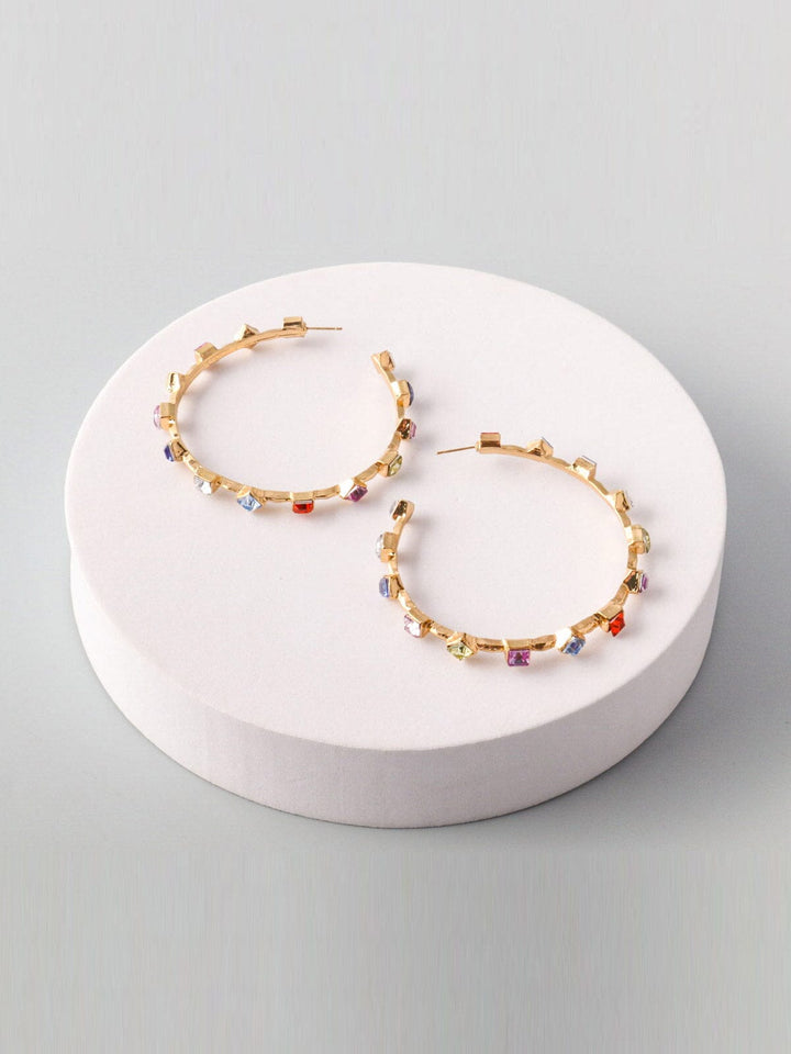 WOMEN'S GOLD MULTI STONES HOOPS EARRINGS