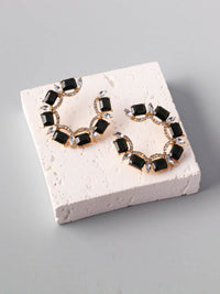 WOMEN'S GOLD & BLACK STONES HOOPS EARRINGS
