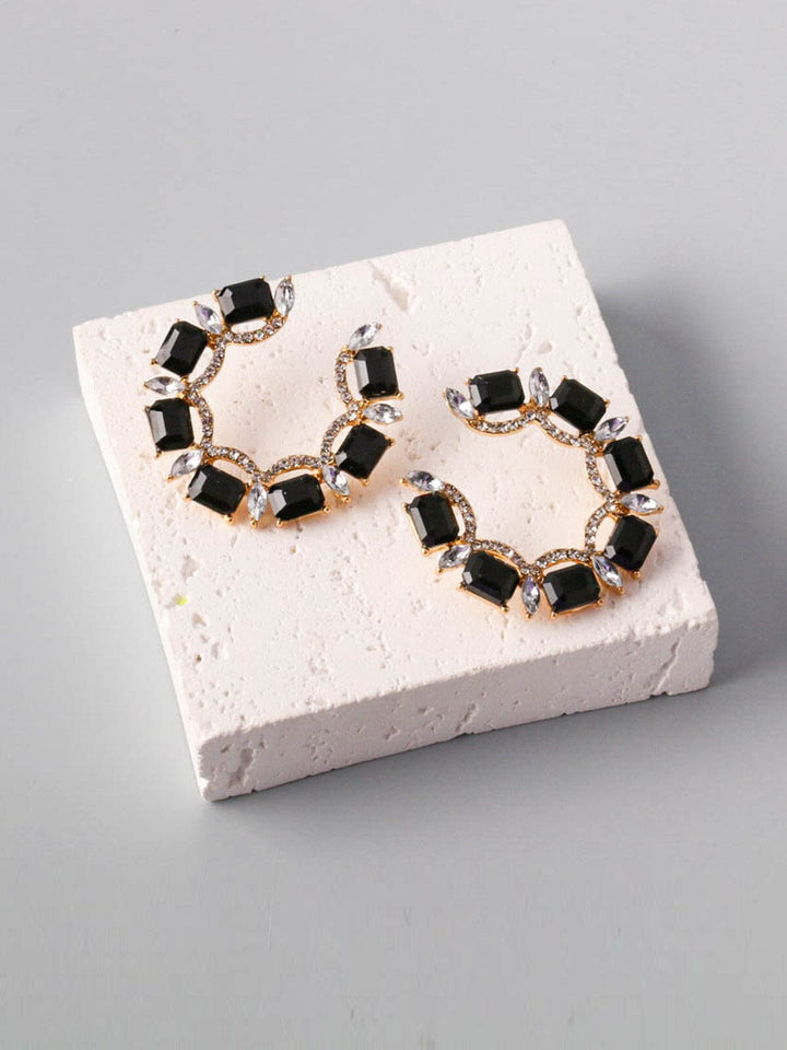 WOMEN'S GOLD & BLACK STONES HOOPS EARRINGS