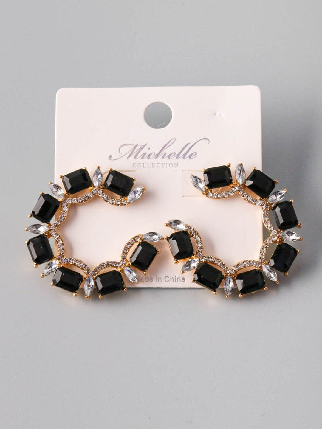 WOMEN'S GOLD & BLACK STONES HOOPS EARRINGS