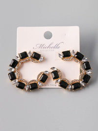 WOMEN'S GOLD & BLACK STONES HOOPS EARRINGS
