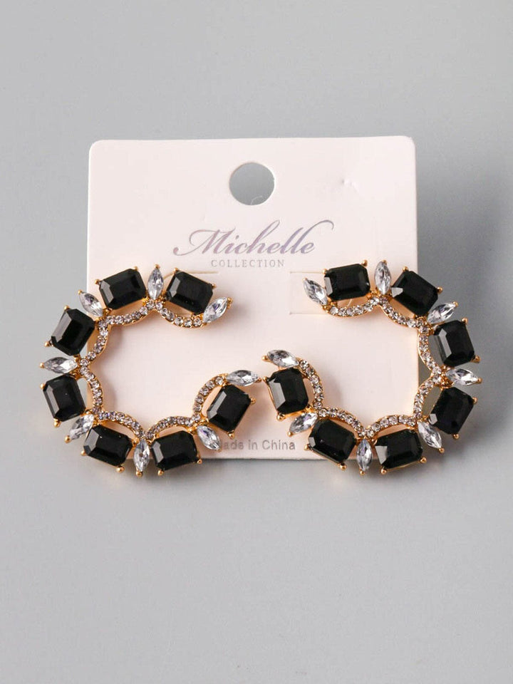 WOMEN'S GOLD & BLACK STONES HOOPS EARRINGS