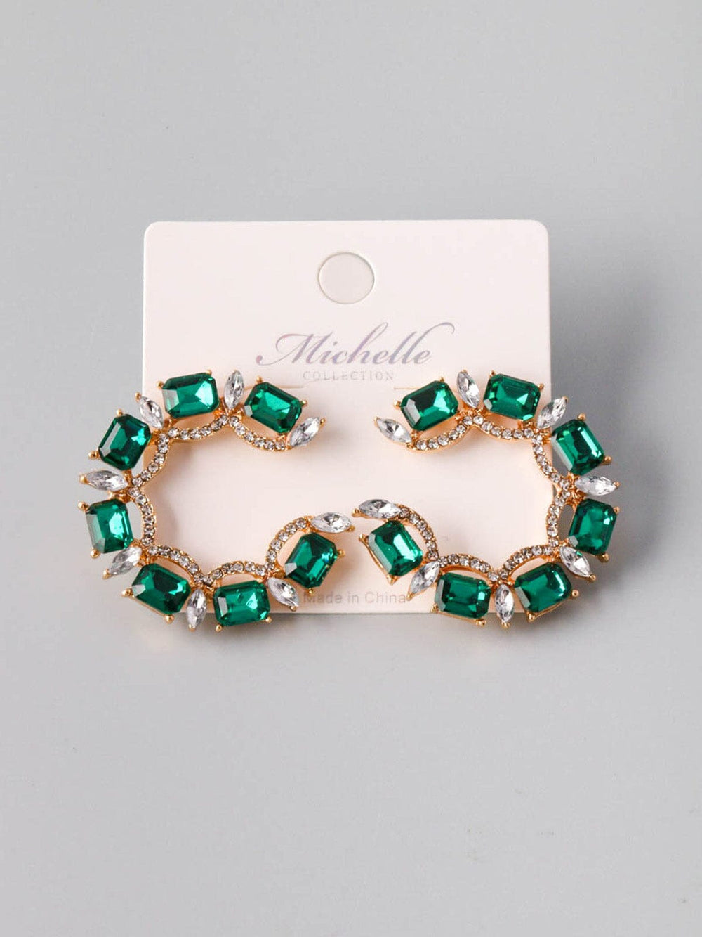 WOMEN'S GOLD & GREEN STONES HOOPS EARRINGS
