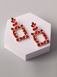 WOMEN'S GOLD & RED STONES SQUARE EARRINGS