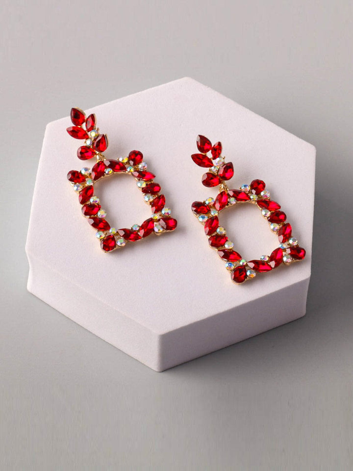 WOMEN'S GOLD & RED STONES SQUARE EARRINGS
