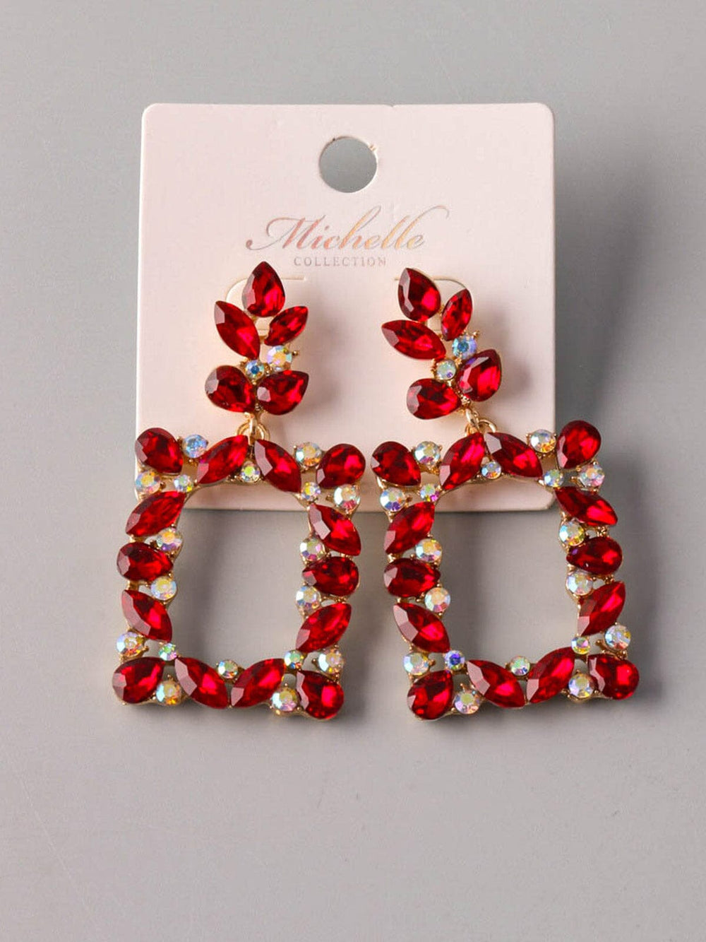 WOMEN'S GOLD & RED STONES SQUARE EARRINGS