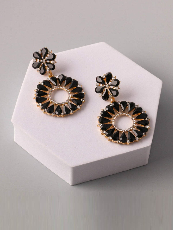 WOMEN'S GOLD & BLACK STONES HOOPS EARRINGS