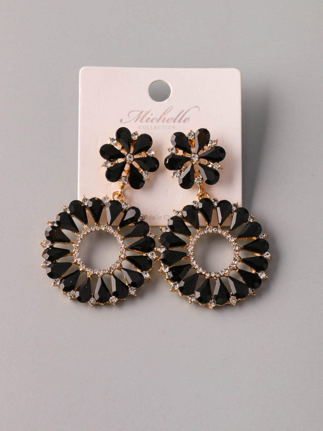WOMEN'S GOLD & BLACK STONES HOOPS EARRINGS