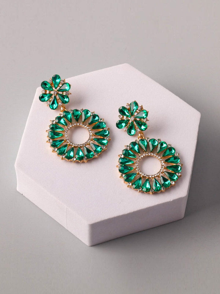 WOMEN'S GOLD & GREEN STONES HOOPS EARRINGS
