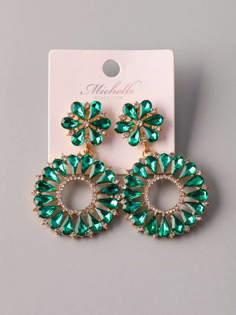 WOMEN'S GOLD & GREEN STONES HOOPS EARRINGS