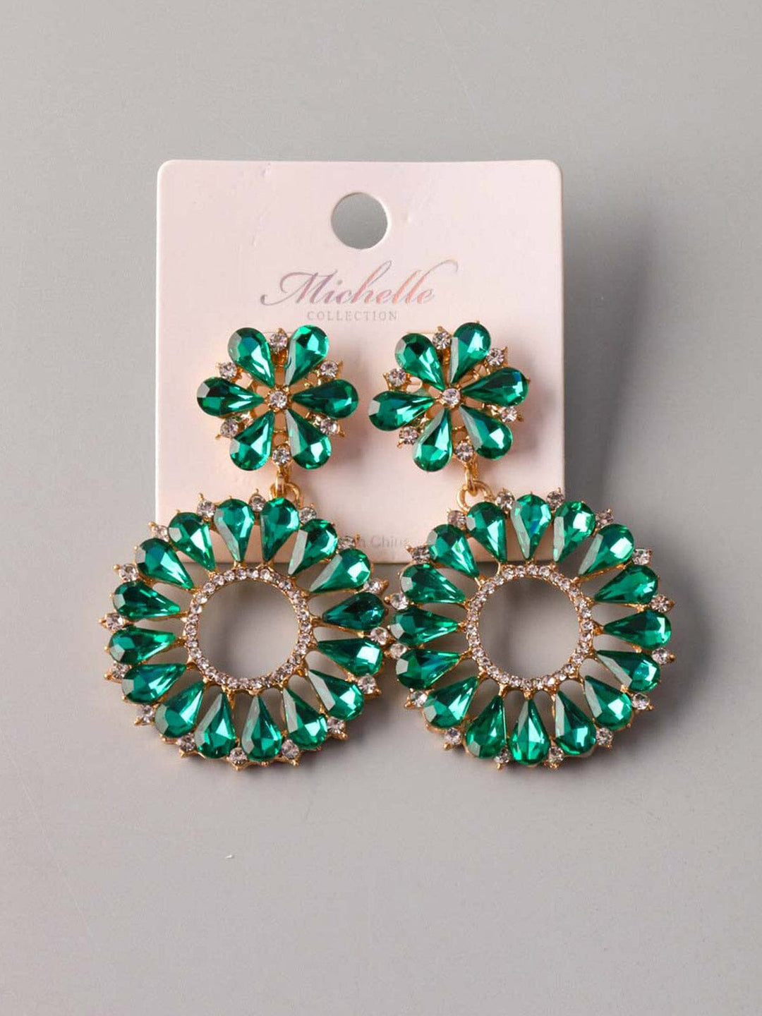 WOMEN'S GOLD & GREEN STONES HOOPS EARRINGS