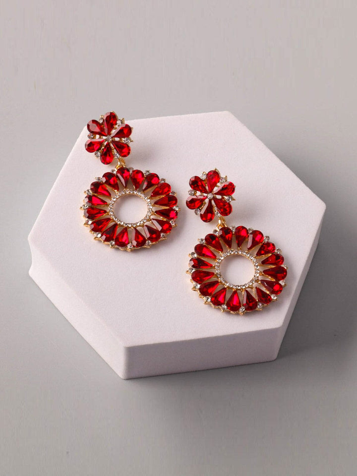 WOMEN'S GOLD & RED STONES HOOPS EARRINGS