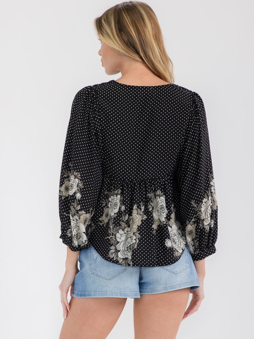 WOMEN'S LONG SLEEVE V-NECK PEPLUM FLORAL BLOUSE