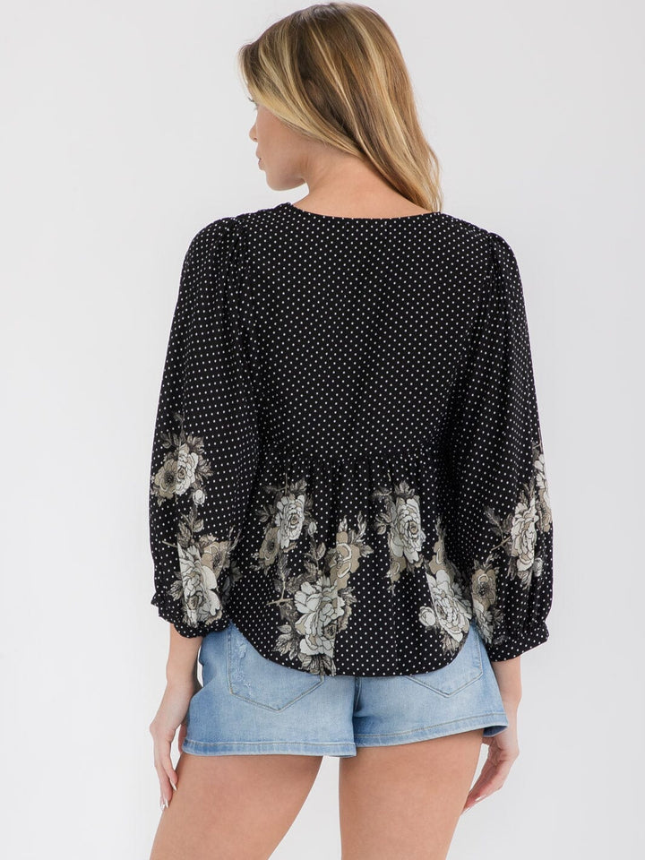 WOMEN'S LONG SLEEVE V-NECK PEPLUM FLORAL BLOUSE