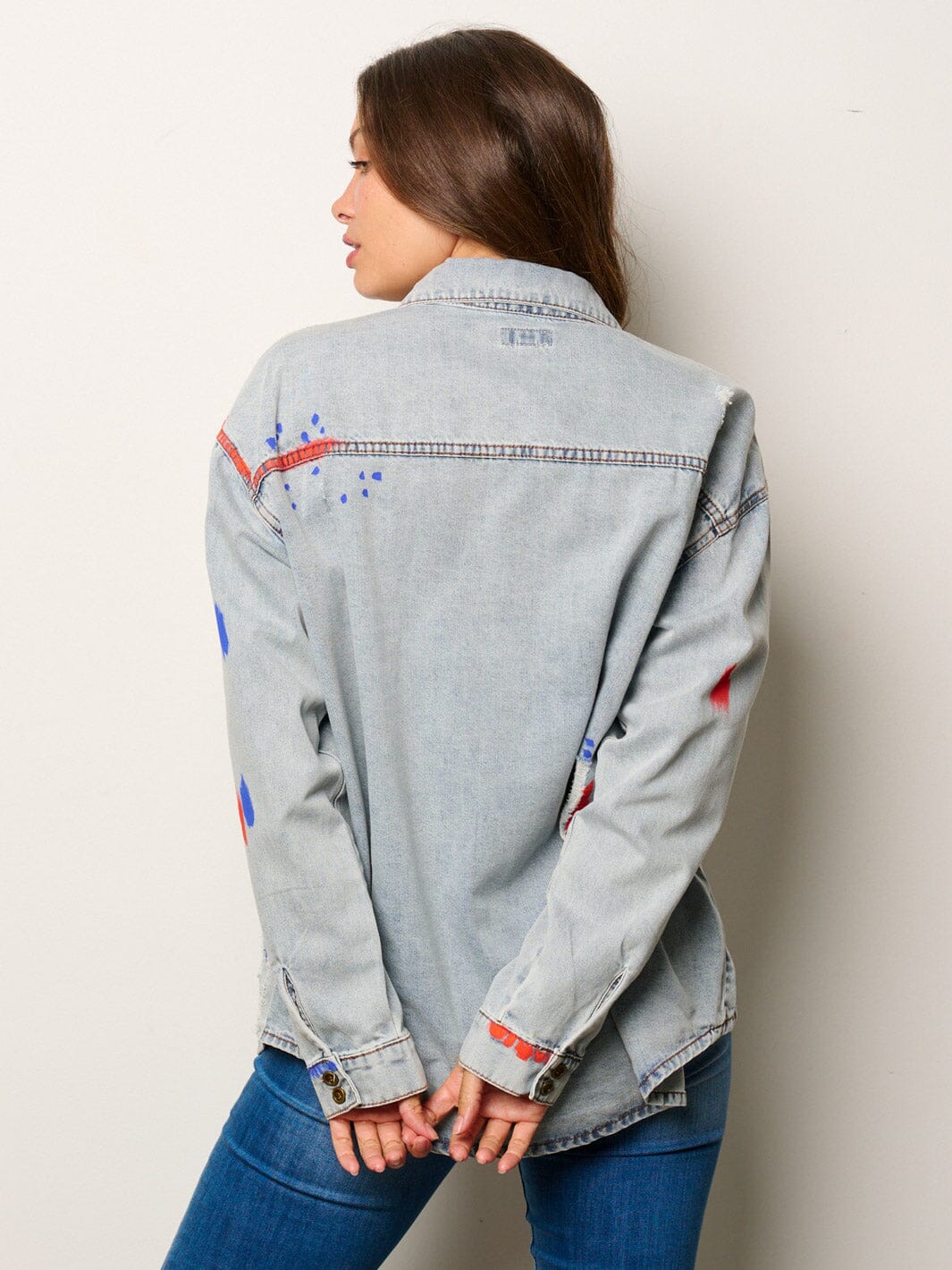 WOMEN'S LONG SLEEVE BUTTON UP PAINT SPLATTER DENIM TOP