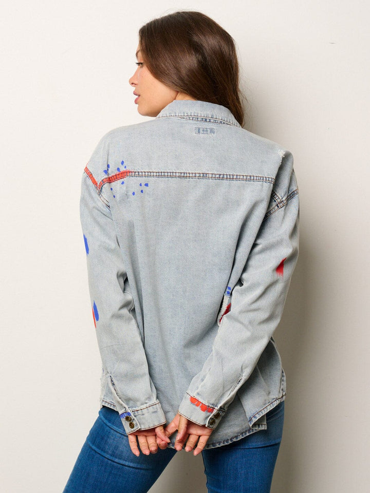 WOMEN'S LONG SLEEVE BUTTON UP PAINT SPLATTER DENIM TOP
