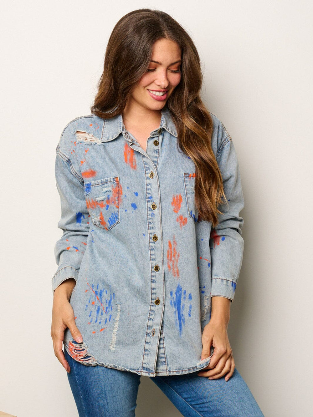 WOMEN'S LONG SLEEVE BUTTON UP PAINT SPLATTER DENIM TOP