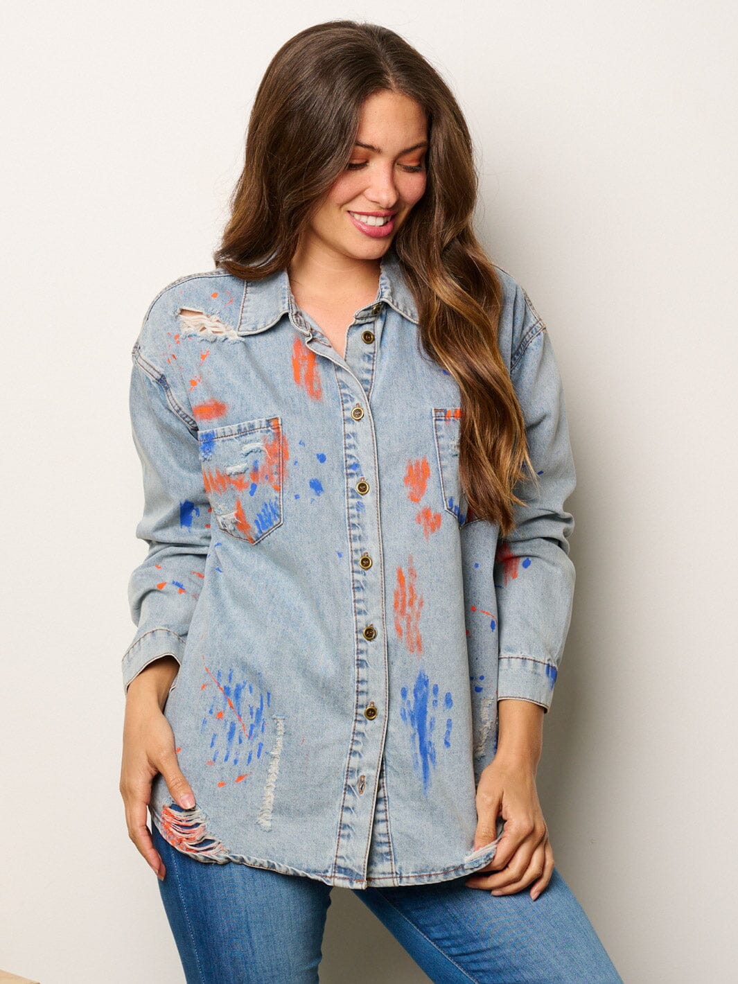 WOMEN'S LONG SLEEVE BUTTON UP PAINT SPLATTER DENIM TOP
