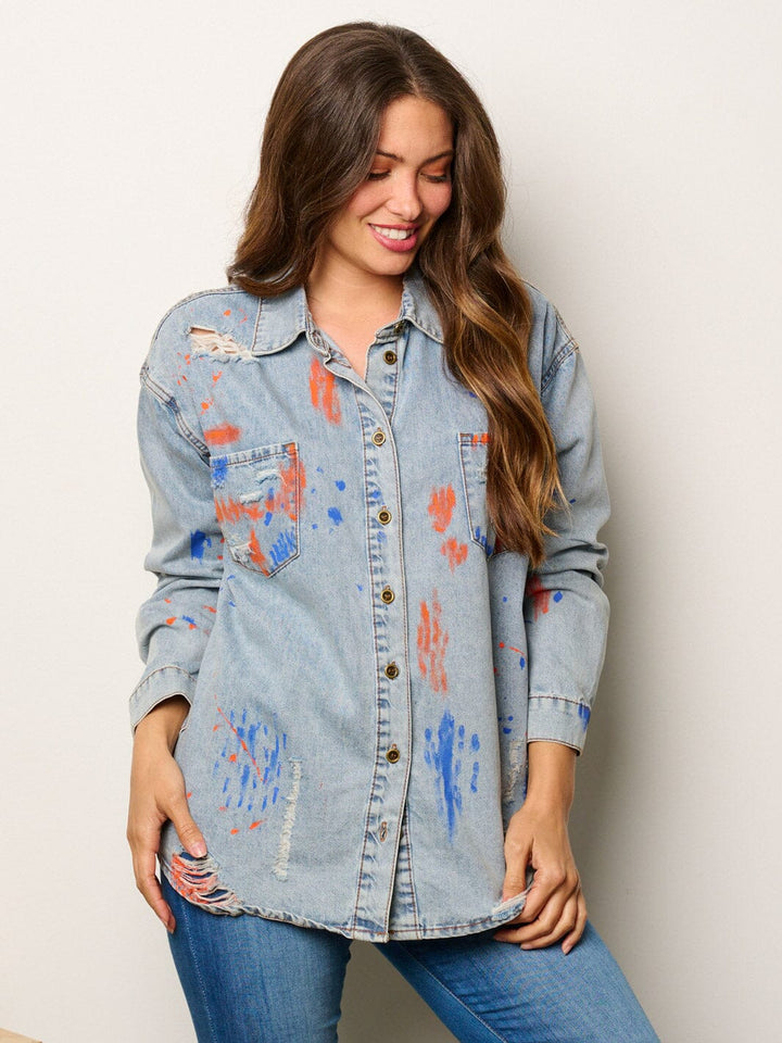 WOMEN'S LONG SLEEVE BUTTON UP PAINT SPLATTER DENIM TOP