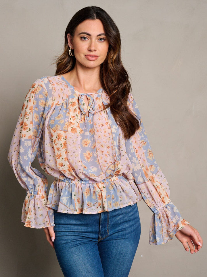 WOMEN'S LONG BELL SLEEVE NECK TIE FLORAL PEPLUM BLOUSE TOP