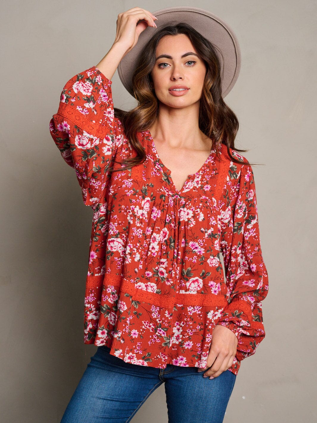 WOMEN'S LONG SLEEVE V-NECK TUNIC FLORAL BLOUSE TOP
