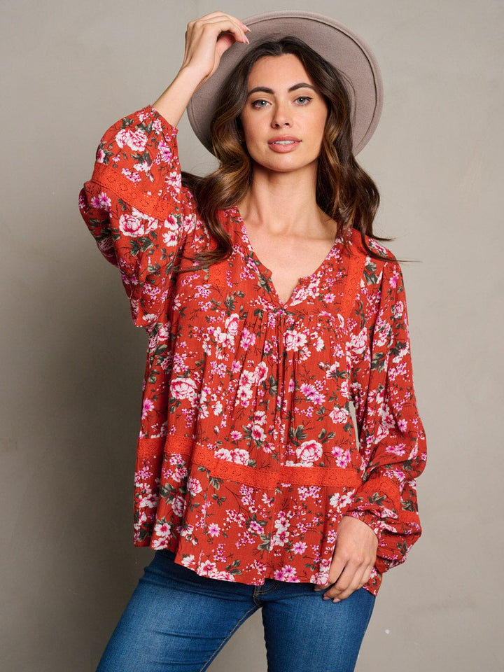 WOMEN'S LONG SLEEVE V-NECK TUNIC FLORAL BLOUSE TOP