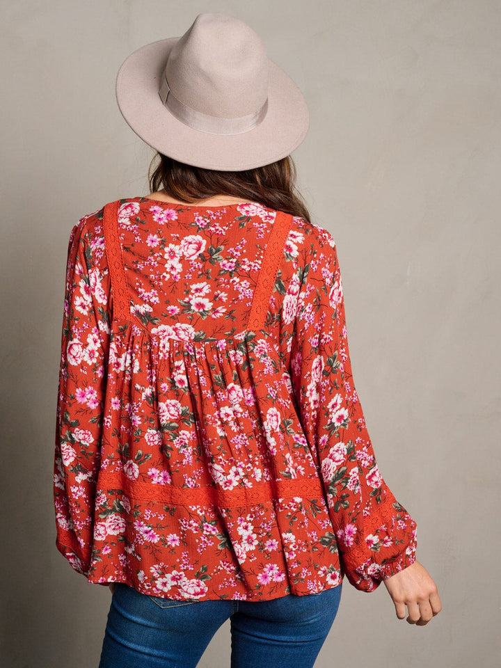 WOMEN'S LONG SLEEVE V-NECK TUNIC FLORAL BLOUSE TOP