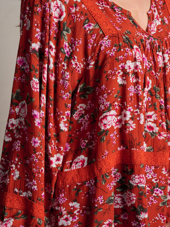WOMEN'S LONG SLEEVE V-NECK TUNIC FLORAL BLOUSE TOP