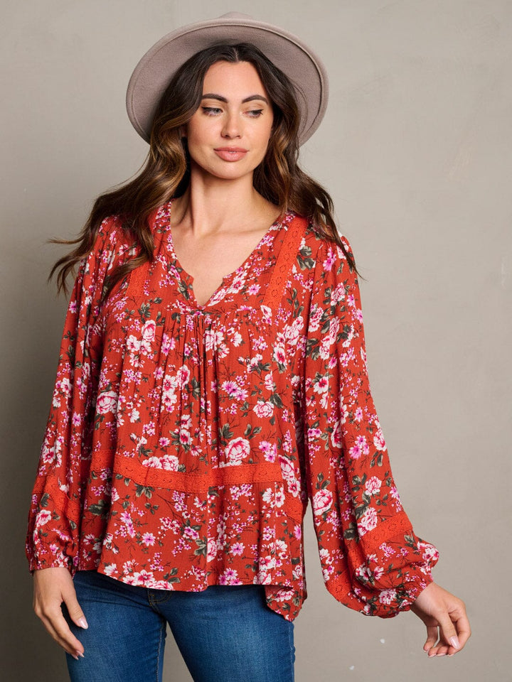 WOMEN'S LONG SLEEVE V-NECK TUNIC FLORAL BLOUSE TOP