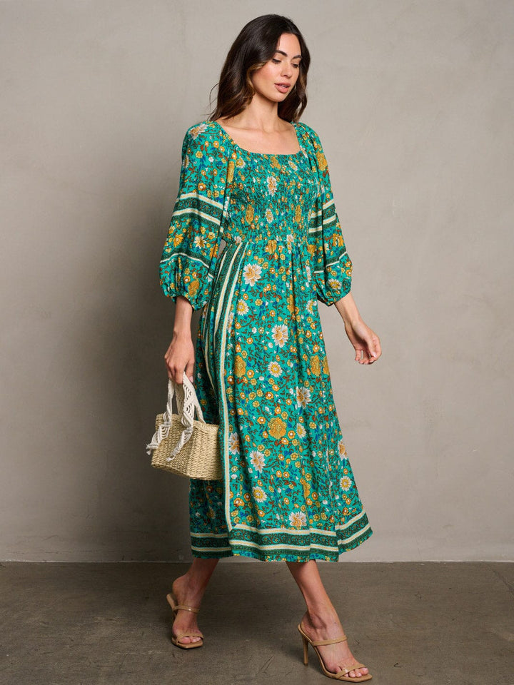 WOMEN'S 3/4 SLEEVE SMOCK FLORAL MIDI DRESS