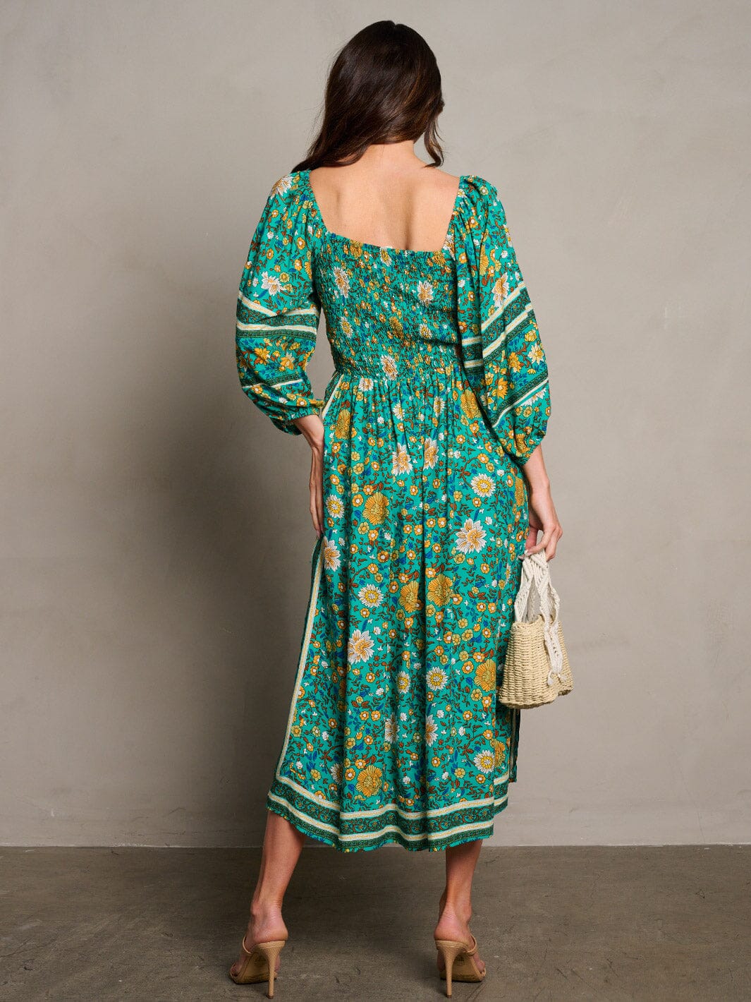 WOMEN'S 3/4 SLEEVE SMOCK FLORAL MIDI DRESS
