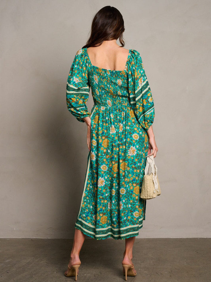 WOMEN'S 3/4 SLEEVE SMOCK FLORAL MIDI DRESS
