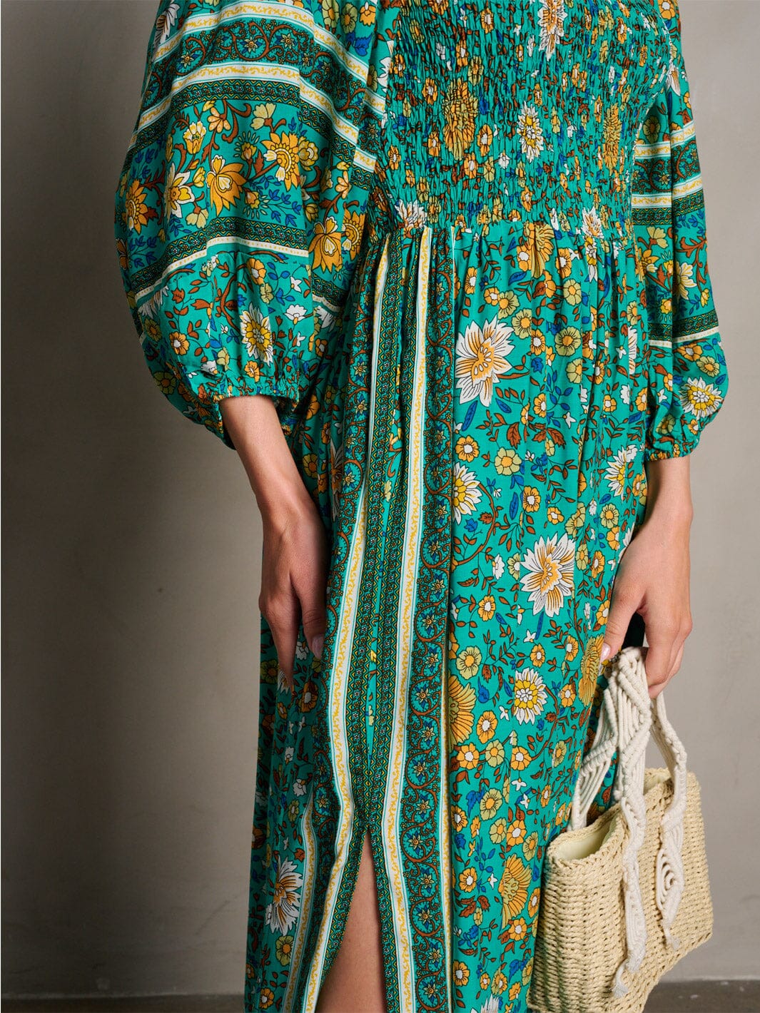 WOMEN'S 3/4 SLEEVE SMOCK FLORAL MIDI DRESS