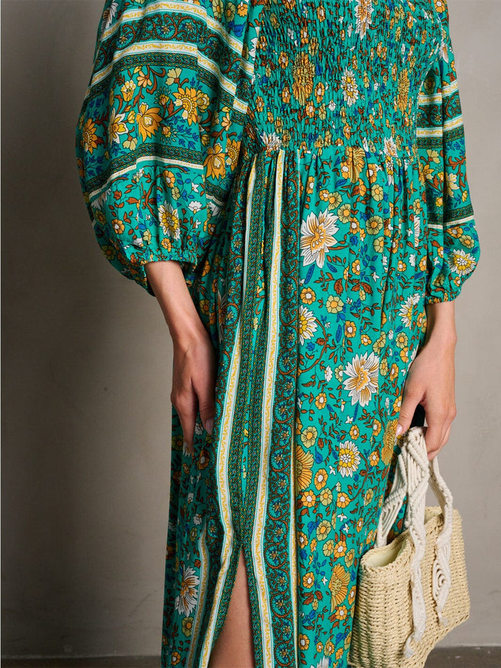WOMEN'S 3/4 SLEEVE SMOCK FLORAL MIDI DRESS
