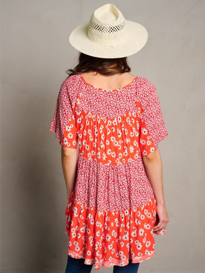 WOMEN'S SHORT SLEEVE FLORAL POCKETS TUNIC BLOUSE TOP
