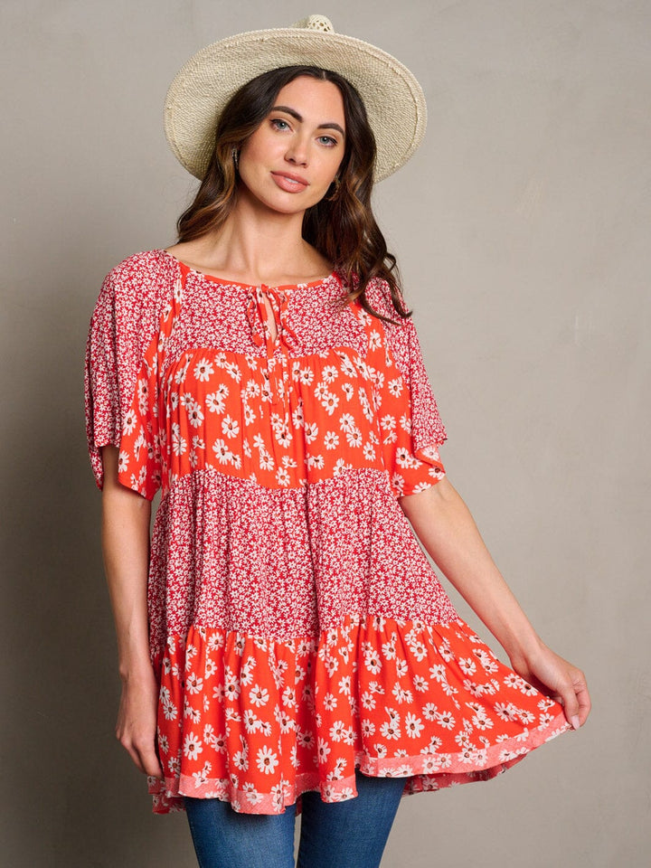 WOMEN'S SHORT SLEEVE FLORAL POCKETS TUNIC BLOUSE TOP