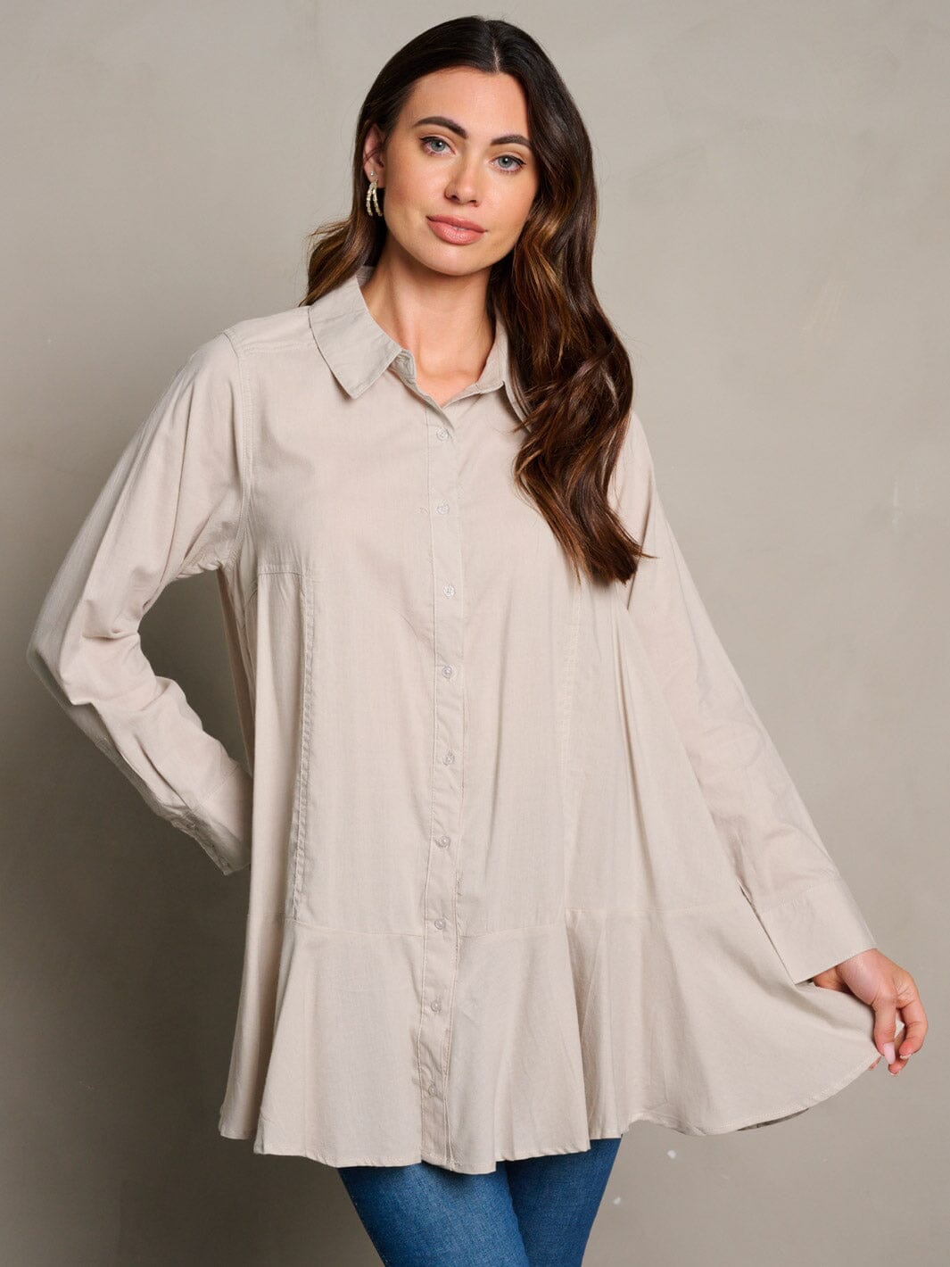 WOMEN'S LONG SLEEVE POCKETS BUTTON UP TUNIC BLOUSE TOP