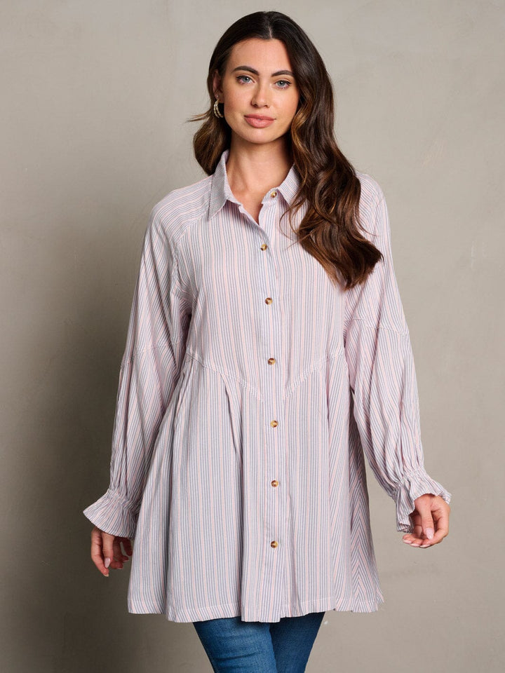 WOMEN'S LONG SLEEVE STRIPES BUTTON UP TUNIC BLOUSE TOP