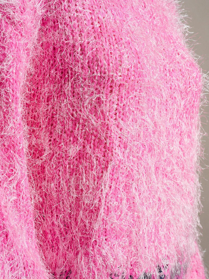 WOMEN'S LONG SLEEVE PULLOVER TRIM DETAILED FUZZY SWEATER