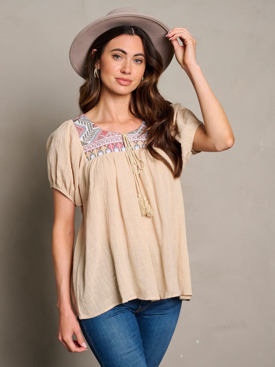 WOMEN'S SHORT SLEEVE EMBROIDERY TUNIC BLOUSE TOP