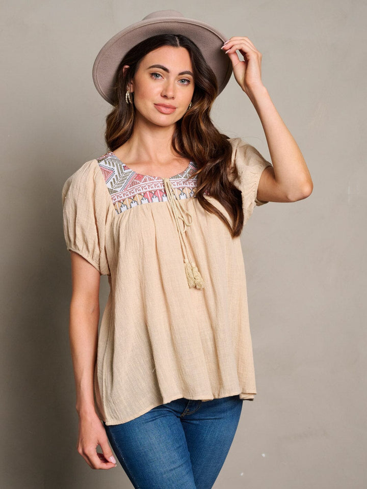 WOMEN'S SHORT SLEEVE EMBROIDERY TUNIC BLOUSE TOP