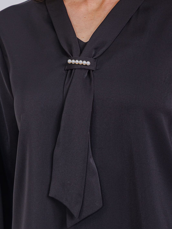 WOMEN'S LONG SLEEVE V-NECK SCARF DETAILED BLOUSE