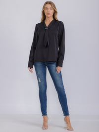 WOMEN'S LONG SLEEVE V-NECK SCARF DETAILED BLOUSE
