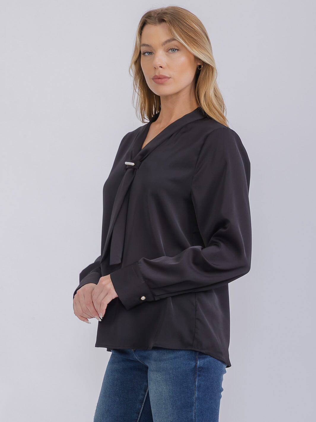 WOMEN'S LONG SLEEVE V-NECK SCARF DETAILED BLOUSE