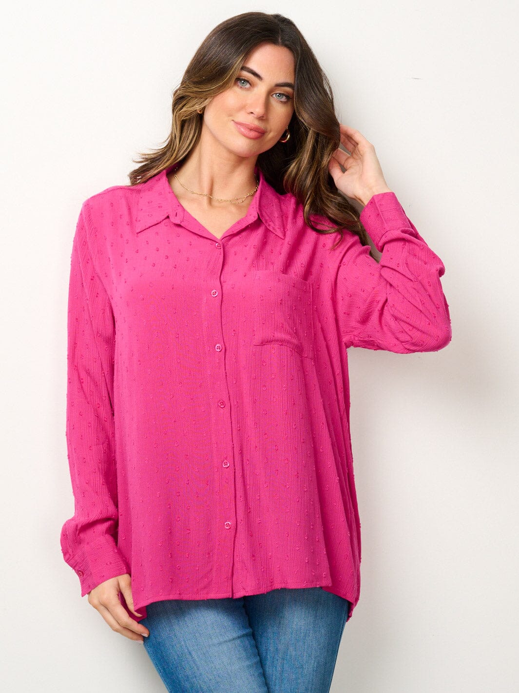 WOMEN'S LONG SLEEVE BUTTON UP SWISS DOTS BLOUSE TOP