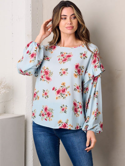 WOMEN'S LONG SLEEVE RUFFLE FLORAL TUNIC TOP