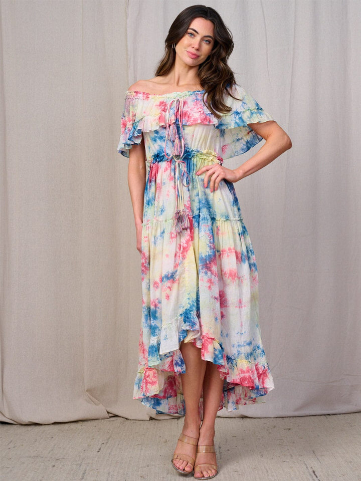 WOMEN'S SHORT SLEEVE OFF SHOULDER ELASTIC WAIST TIE DYE MAXI DRESS